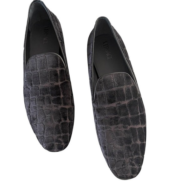 Versace 1003792‎ Men\'s Gray Velvet Croc-embossed Slippers Shoes, 45 main image 10